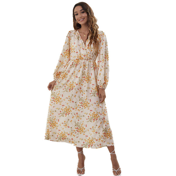Kvinnor Casual lös blommig klänning ärm lång sommar strandklänning 2XL