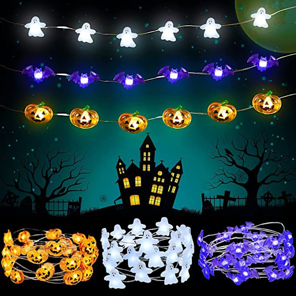 Halloween-sett med 3 temalamper med 30 LED-gresskar