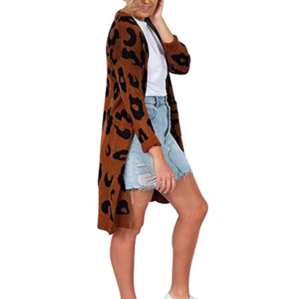 Dam Långärmad Öppen Front Leopard tickad Maxi Cardigan weater Coffee S