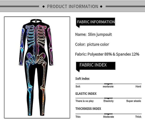 Halloween Cosplay Jumpsuits Färgglad Skelett Bodysuit