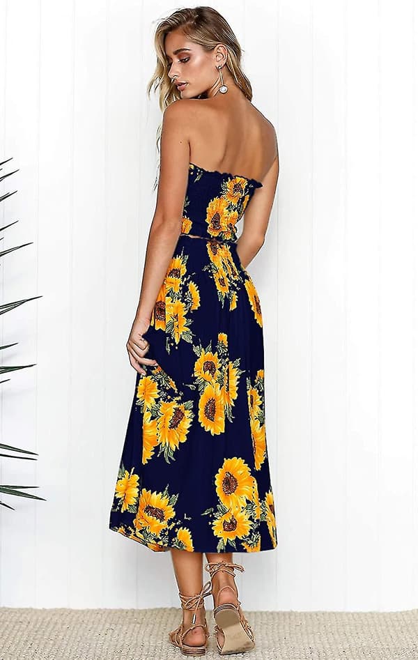 Blommig blus för kvinnor, Maxikjol kostymklänning Navy Blue X-Large