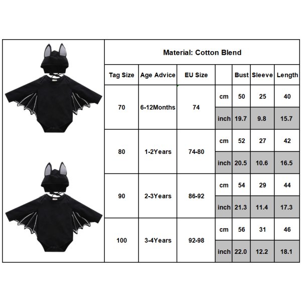 Halloween barn Baby Bat Sleeve Onesie Cosplay Party Kostym black 70cm