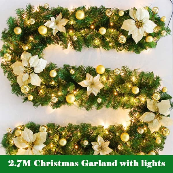 Guirlande de Noël, 2,7M Cheminées Escaliers Décorés Guirlandes