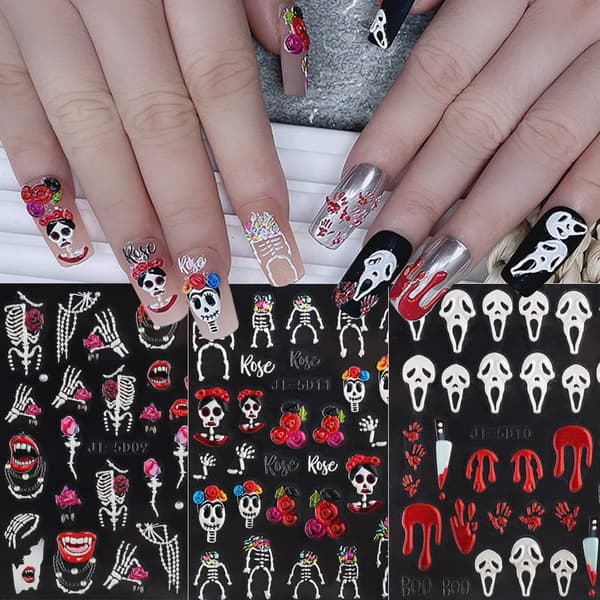 3D-prægede skræmmende Halloween Nail Art Stickers Dekaler 3 ark 5D