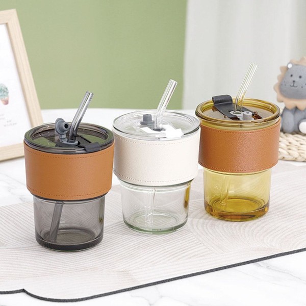 Lock och sugrör Transparent Bambu Cup Mjölk Kaffe Mugg Tea Cup Str transparent 400ml