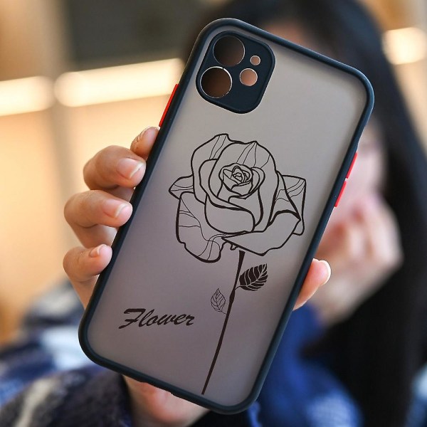 Cool Simple Black Flower Rose Phone case Cover för Iphone 11 12 13 Pro Max Mini Se2020 X Xs Max Xr 6 6s 7 8 Plus Hårda genomskinliga väskor