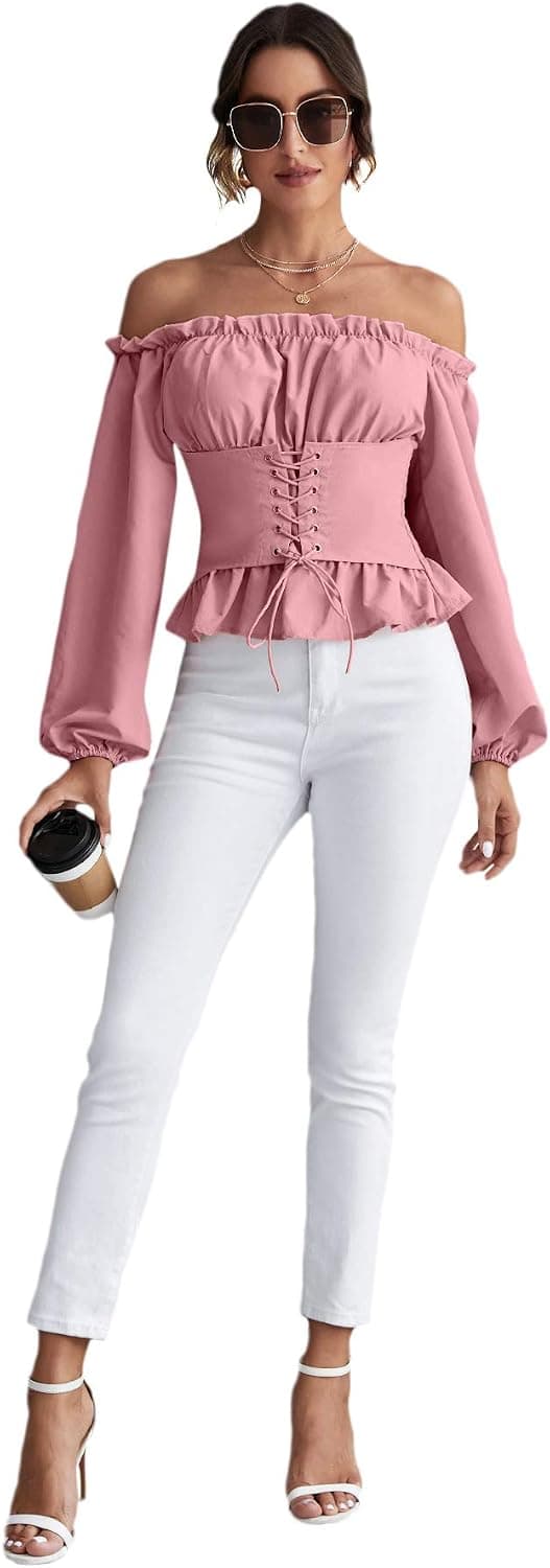 Off Shoulder Ruffle Peplum Korsett Damer Rynkade Puff Långärmade Toppar Blus