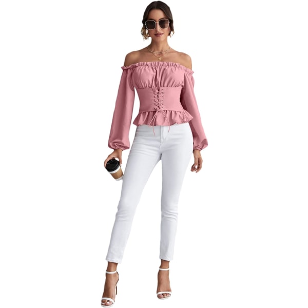 Off Shoulder Ruffle Peplum Korsett Damer Rynkete Puff Lange Ermer Topper Bluse