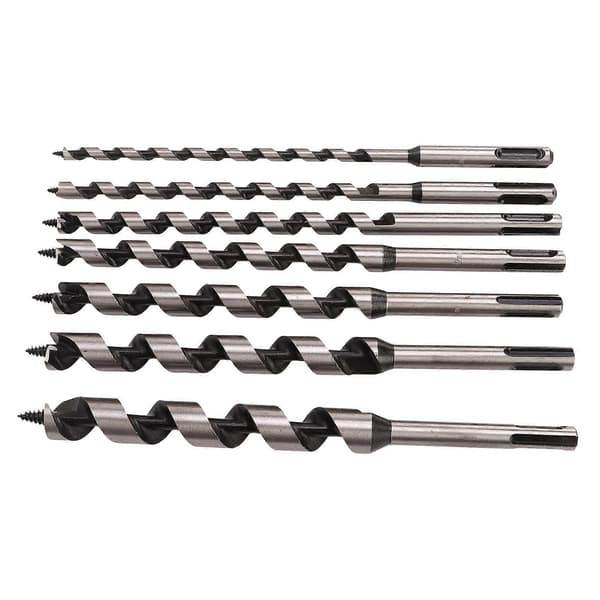 7 stk. borresett i karbonstål, sterkt forlenget sekskantet skaft, sølv