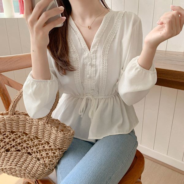 V-hals Hvit bluse Dame Sashes Dameklær 2021 Høst Blonde White XL