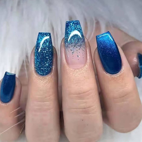 Medium Coffin Nails, Blue Gradient Nails Glitter Fake Nails