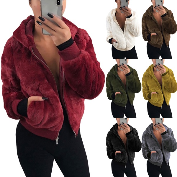 Höst Vinter Kvinnor Varm dragkedja Hooded Faux Ginger L