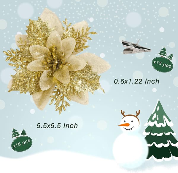 15 ST Guld Julstjerne Blomst Kunstig Julstjerne med Klips Juledekor