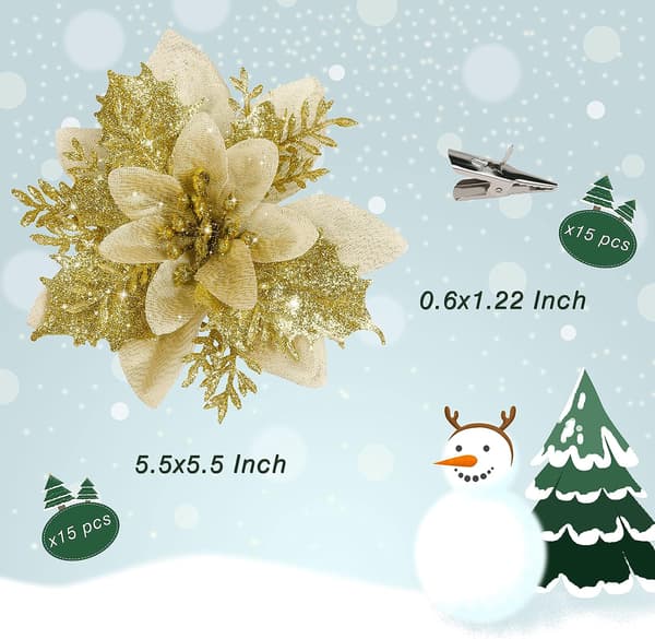 15 ST Guld Julstjerne Blomst Kunstig Julstjerne med Klips Julepynt