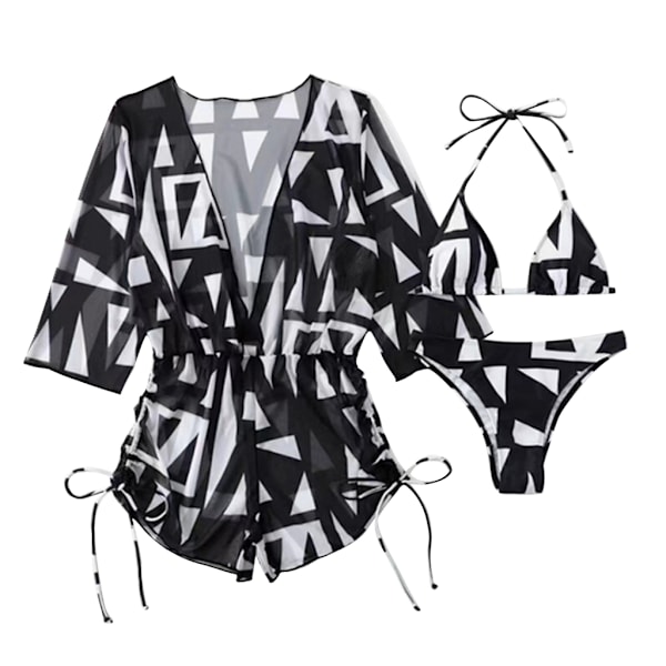 Halter set för kvinnor med cover Sexig spetsad baddräkt Mode med print Baddräkt Romper 3 delar Badkläder Black XL
