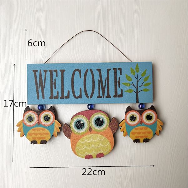 Owl Welcome Hängande träskylt ytterdörrdekor (blå) Blue