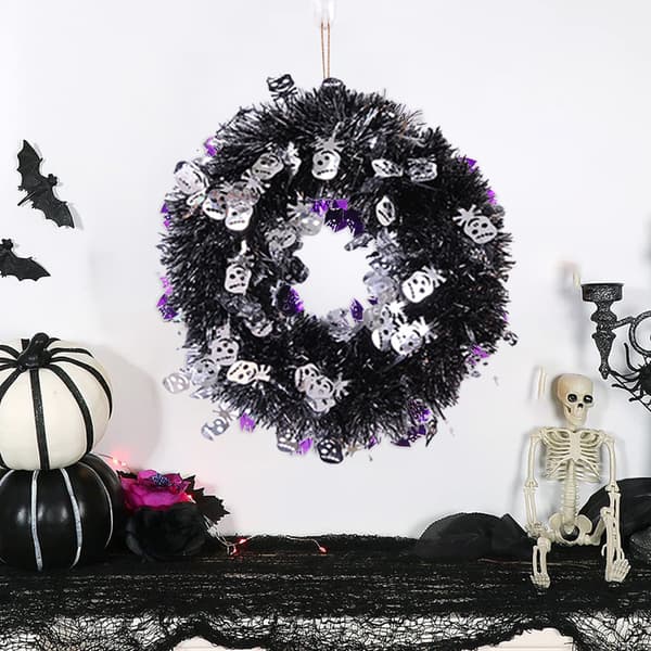 Halloween krans dekor glitter rund krans hängande dörr vägg silver skull
