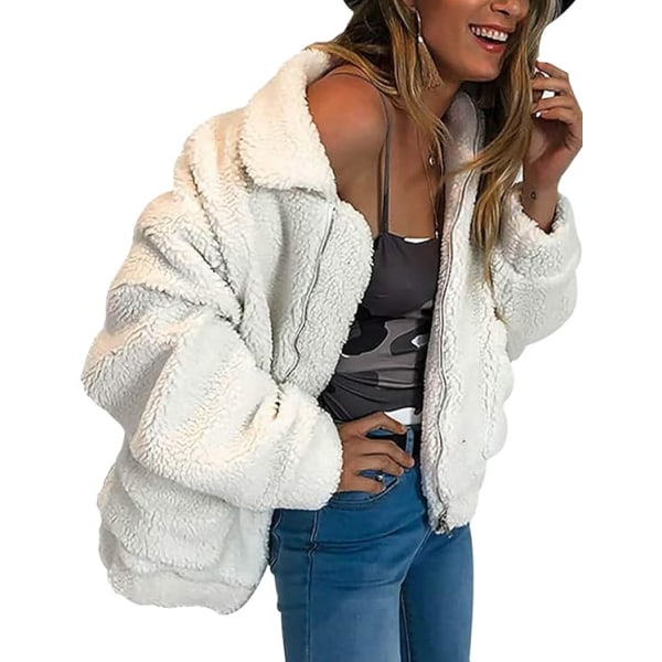 Kort fleece cardigan för kvinnor Långärmad med fickor white XXL