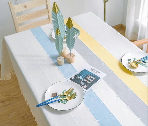Rektangulær duk, flekkavvisende, vaskbar, ensfarget, med dusker, i bomull og lin, for kjøkken, spisebord, buffet D