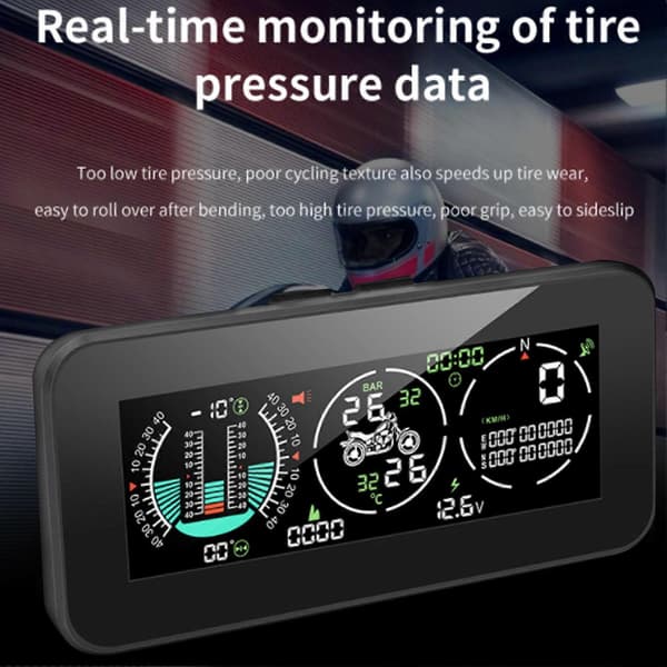 Däcktrycksmonitor Lutningsmätare GPS HUD-display med 2 externa TPMS-sensorer för motorcykel