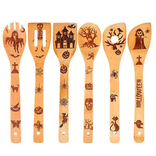 6 st miljövänlig matlagningsspatel i trä Kök Halloween carving set (30x6x2cm, naturlig träfärg)