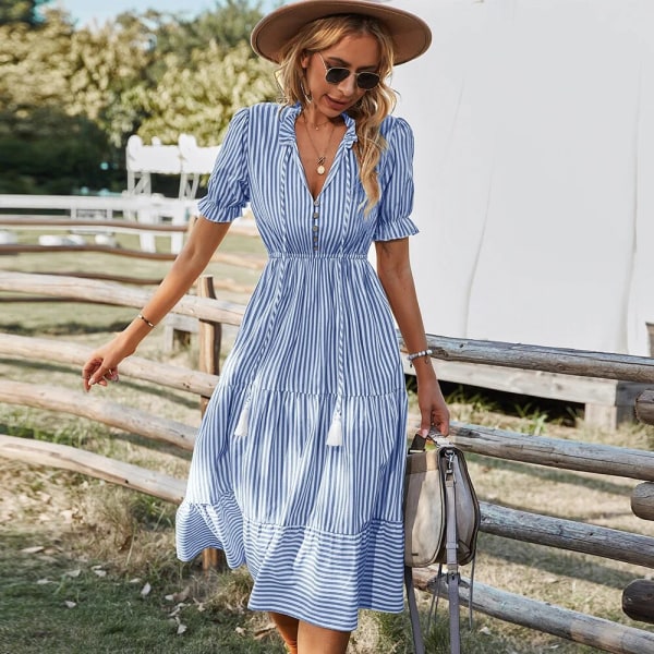 Randig, kortärmad, hög midja midiklänning för kvinnor med strängar Chic och elegant A-linjeklänning för damer sommarkläder för kvinnor bluestriped S