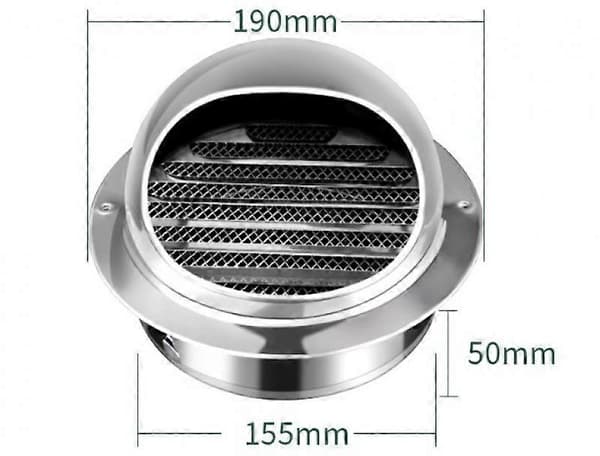 Ventilasjonsrist - Lamellrist - Veggmontert ventilasjonshette - Ventilasjonshette - Rustfritt stål - Rund - 190 mm - For 155 mm rør - Reus