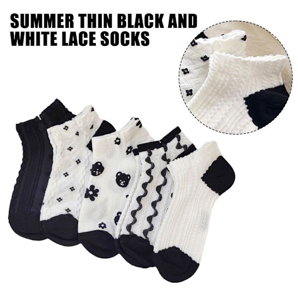 Dam Sommar Tunna Blomstersockor Svartvita Korta Ankelstrumpor White Sliver one size