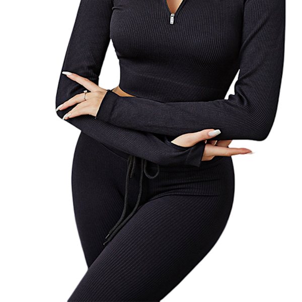 Naisten Ribbineulotut Leggingsit Saumattomat Kiristysnyörilliset Jooga Urheilutrikoot Black