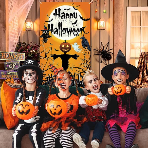 Halloween dør baggrundsbanner - græskar spøgelse hængende plakat