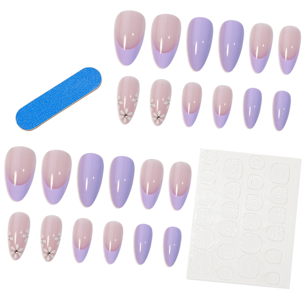 24 stk. Lilla Mandel Kunstige Negle Korte, Medium Press on Nails wit