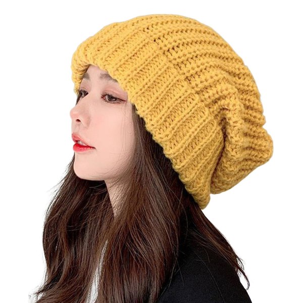 Stickad mössa Baggy Slouchy Ribbad flänsad Stretchig Håll dig varm Enfärgad Höst Vinter Kvinnor Män Cap för utomhusbruk Yellow