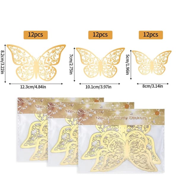 3D Butterfly Väggdekor 36 delar 12 stilar 3 storlekar, guld