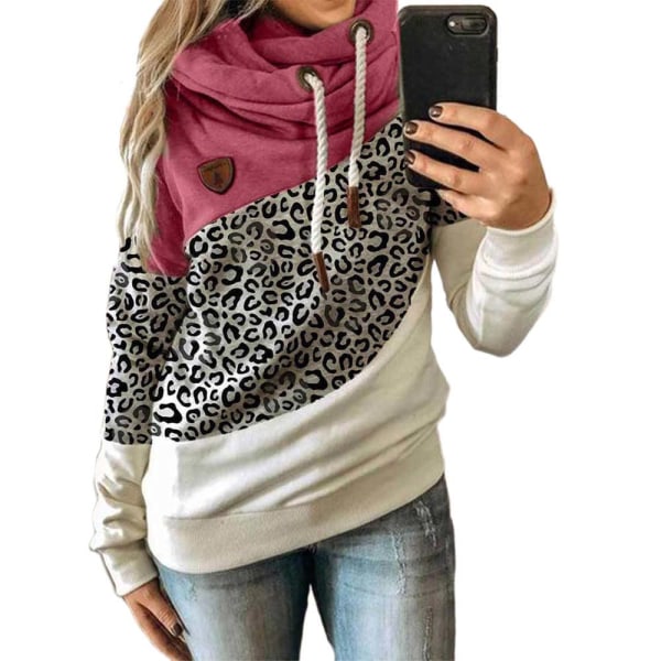 Hettegenser for dame med turtleneck sweatshirt hoodie sport camo genser Leopard + rose red XL