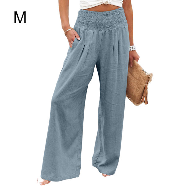 Kvinnliga sommarbyxor Fickor Lösa Casual Wide Leg Lounge Sea Blue M