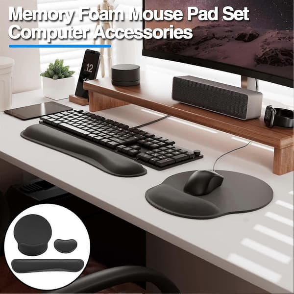 3 stk/sæt musemåtte tastatur håndledsstøtte og musehåndledsstøtte tre-delt sæt blød høj elastisk langsom rebound memory foam ergonomisk musehåndledsstøttesæt
