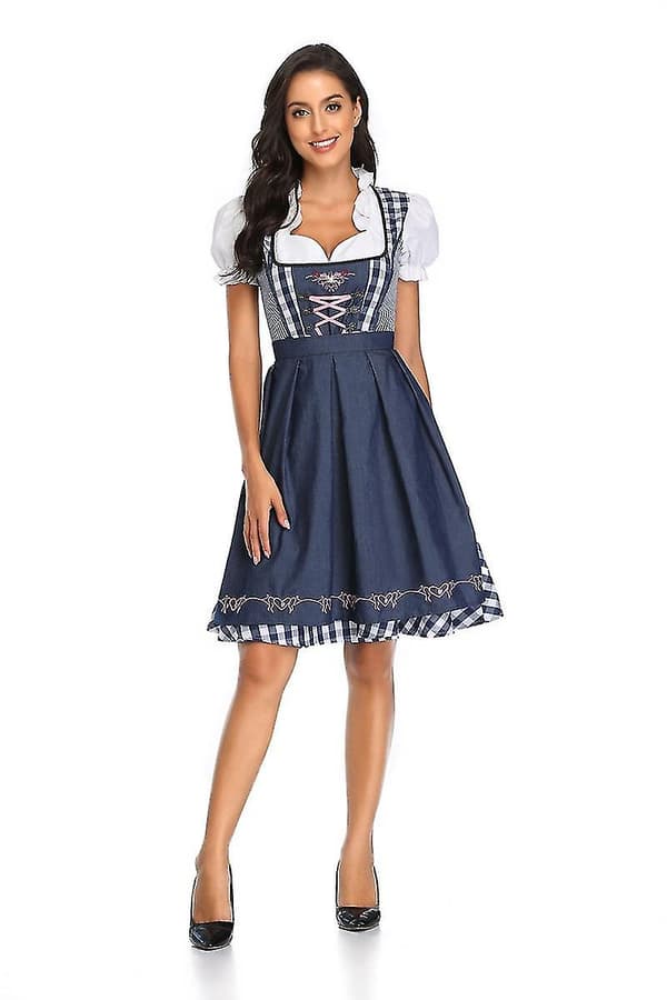 Oktoberfest Ølpige Kostume Bayersk Traditionel Dirndl Kjole W til Kvinder Denim Blue Check S