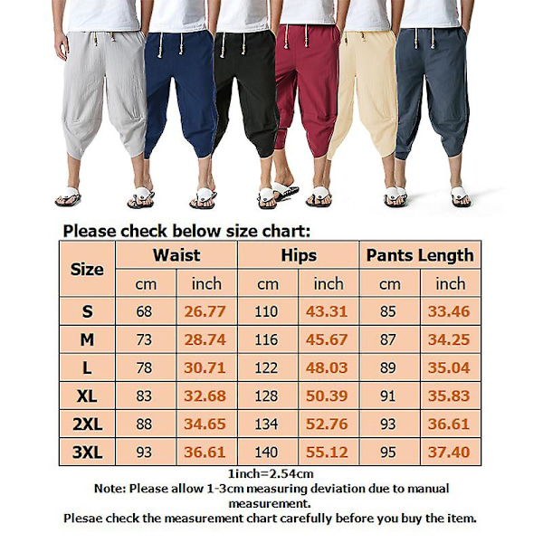 Miesten 3/4 Pellavashortsit Kesä Casual Capri Löysät Housut Wine Red XL