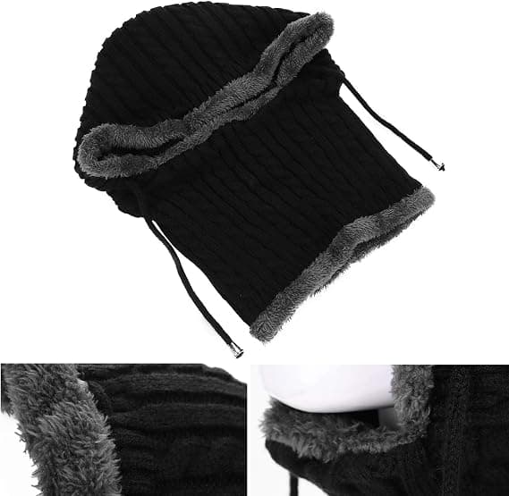 #2 i 1 Strikket Fleece Hat - Sort Vinter Halsvarmer Ørevarmere Cyc#