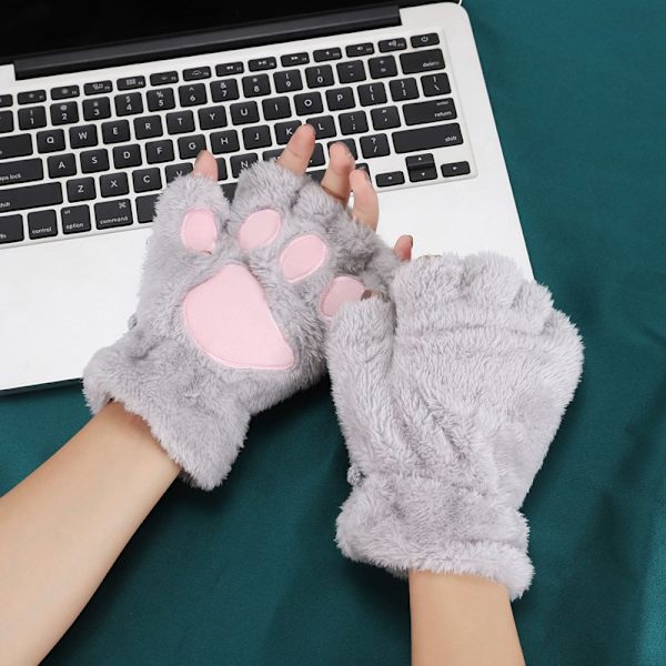 Nya Vinterhandskar Kvinnor Björn Plysch Katt Tafs Klo Handskar Söt kattunge Fingerless vantar Jul Halloween för flickor Presenthandskar Gray
