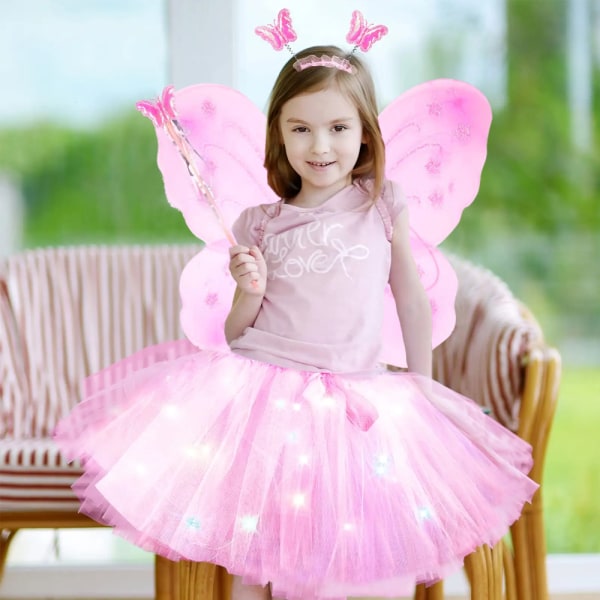 Fairy Butterfly Wing Fjärilsstav och pannband för flickor pink + white
