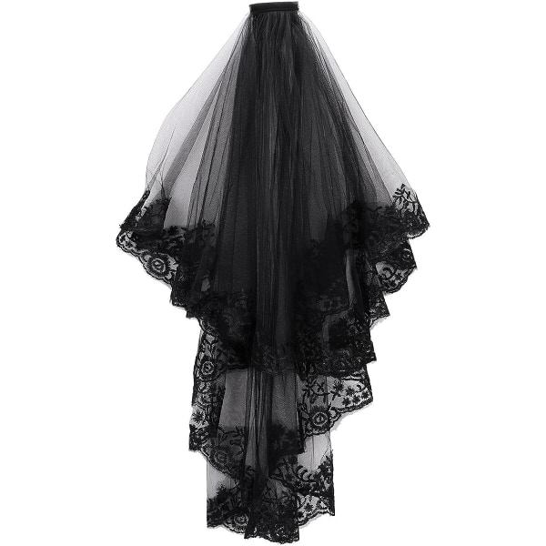 Musta hääverho Halloween kaksoiskerroksinen hääverho hiuskammalla Koristeelliset häätarvikkeet Häänauha Elegantti tylli Pitsi Cosplay Kostyymipuku