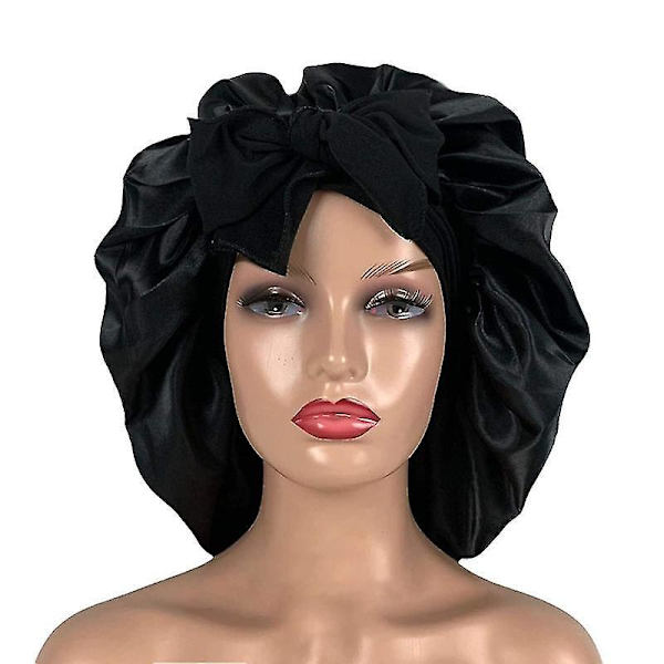 Silk Bonnet Satin Bonnet For Sleeping Bonnet With Tie Band Night Cap black
