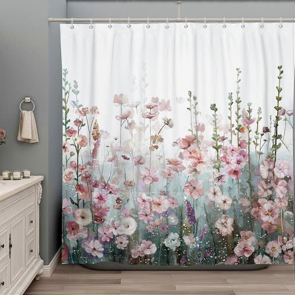 Fargerikt Blomster Dusjforheng Baderom Rosa Blomstret Romantisk Villblomst