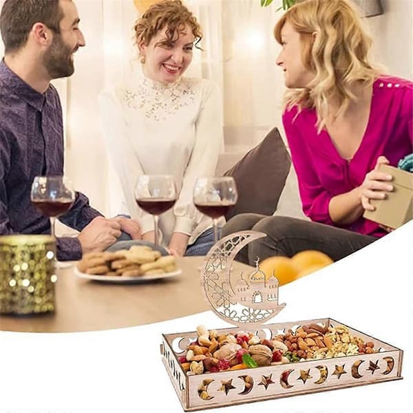 Ramadan Tallerken Eid Mubarak Bakke Træbakke Borddekoration til Dessert Snacks Serveringsbakke med Måne- og Stjernemønster