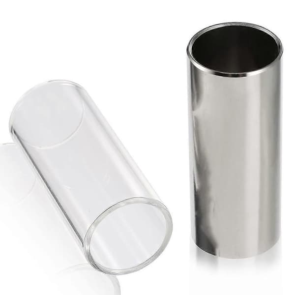 1 glass-slide, 1 rustfri stål-slide, 10 plektre med 1 oppbevaringsboks i plast