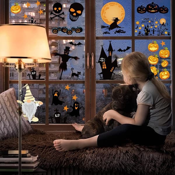 4 ark Halloween Vinduesdekorationer - græskar, flagermus, spøgelse, heks
