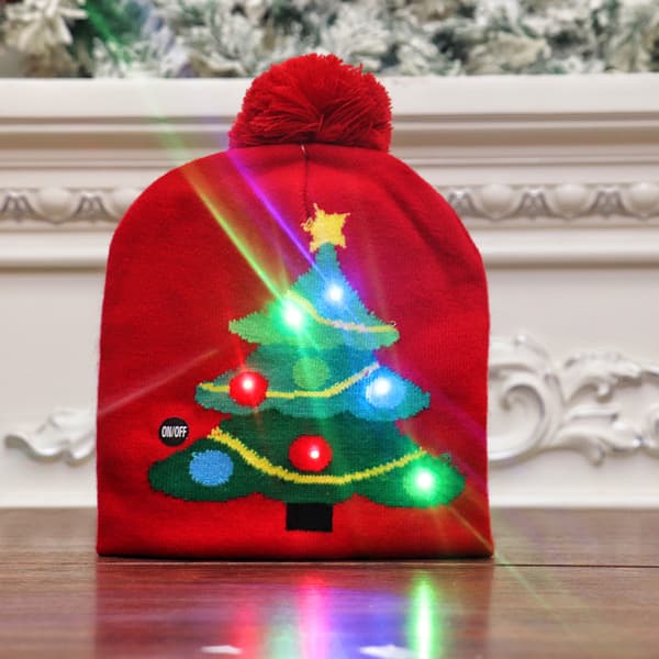 #(Röd) Julhatt, LED-hatt lysande stickad mössa färgglad#