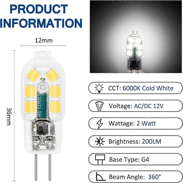 G4 LED 2W 12V AC/DC Kallvit 6000K för Köksfläkt, 200lm, motsvarar G4 Halogenlampa 10W 20W, ej dimbar, 6-pack
