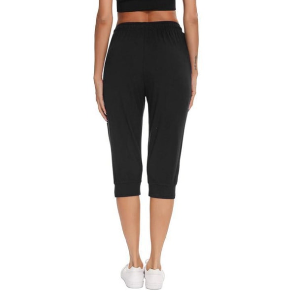 Dam Capri Byxor Elastisk midja Enfärgad Yoga bomull Byxor Black L